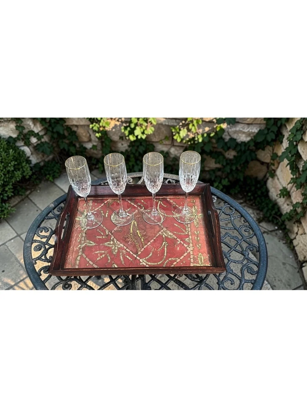 Vintage Sequin Embroidery Tray | Mahogany Wood Glass Top Serving Ottoman Turkish